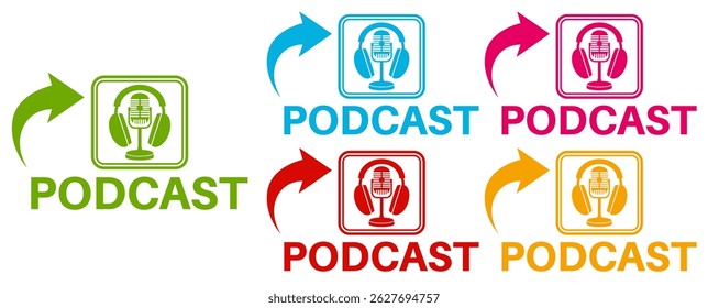 set banner podcast icon sign. recording studio microphone symbol labels design vector illustration