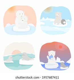 set banner of Polar bear and sea lion on floating ice, Climate change with gobal warming, save earth concept. Isolated vector illustration