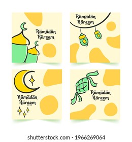 Set of banner and post template designs for Muslim community festivals, Ramadan celebrations. Green and orange background color. Suitable for Islamic themed social media posts.