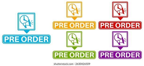 Conjunto de Anuncio de signo de icono de pedido previo. Ilustración vectorial de diseño de etiquetas de símbolo de promoción de venta
