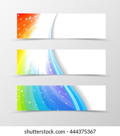 Set of banner rainbow design. Shiny banner for header in rainbow color with blue lines and white stars. Design of banner in wavy spectrum style. Vector illustration