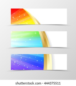 Set of banner rainbow design. Shiny banner for header in rainbow color with gold lines and white stars. Design of banner in wavy spectrum style. Vector illustration