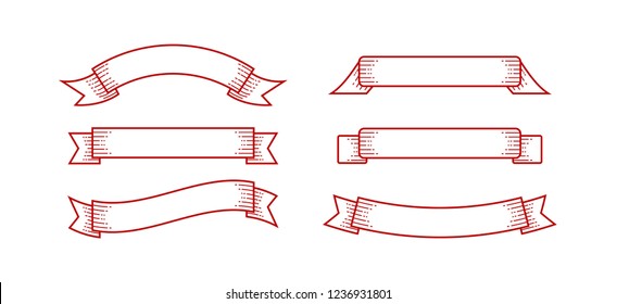 Set banner ribbon with engrave line art shading monoline badge elements asset