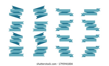 Set of banner ribbons in flat style, vector illustration. Blank blue curved tapes with place for text. Can be used as an element for badges, emblems, labels.