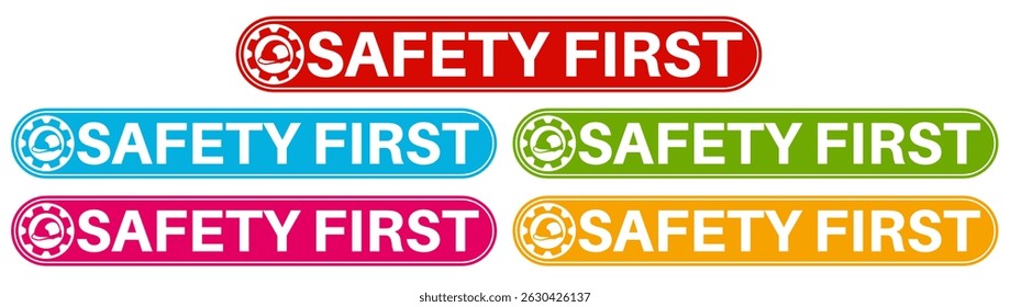 set banner safety first icon sign. safety equipment symbol labels template construction sign design vector illustration