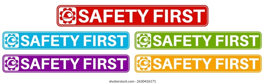 Conjunto de Anuncio de seguridad de la primera señal de ícono. Etiquetas de símbolo de equipo de seguridad Plantilla de construcción de diseño de signos Ilustración vectorial