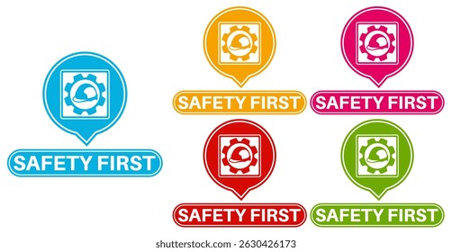 Conjunto de Anuncio de seguridad de la primera señal de ícono. Etiquetas de símbolo de equipo de seguridad Plantilla de construcción de diseño de signos Ilustración vectorial