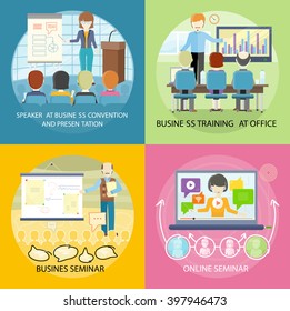 Set of banner seminar training business. Banner online web seminar with business speaker, presentation training conference audience, mentor meeting with people and speak lecture, vector illustration