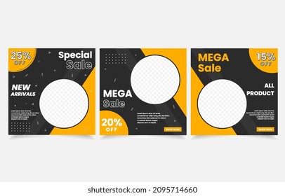 set banner social media post vector design yellow black color mega sale, super sale, flash sale product promotion fashion and more