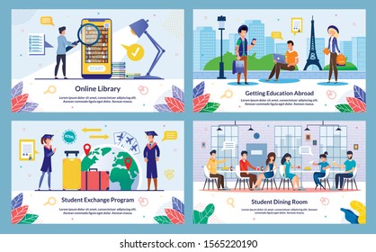 Set Banner, Student Exchange Program, Cartoon. Online Library, Student Exchange Program, Getting Education Abroad. Guy is Sitting with Laptop his Hands Sidewalk against Backdrop Landmark.