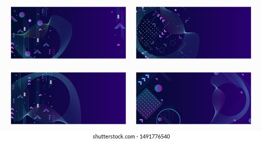 Set of banner style of cosmos universe stars galaxy dark blue 3d futuristic study trip. Background modern starry sky glowing abstraction planet neon