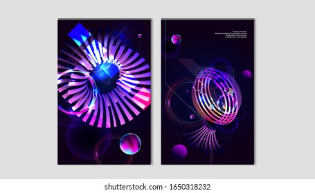 Set of banner style of cosmos universe stars galaxy dark blue 3d futuristic study trip. Background modern starry sky glowing abstraction planets