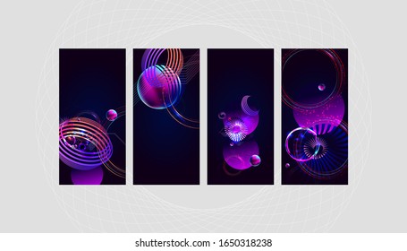 Set of banner style of cosmos universe stars galaxy dark blue 3d futuristic study trip. Background modern starry sky glowing abstraction planets