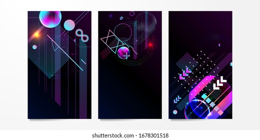 Set of banner style of cosmos universe stars galaxy dark blue 3d futuristic background modern planets neon