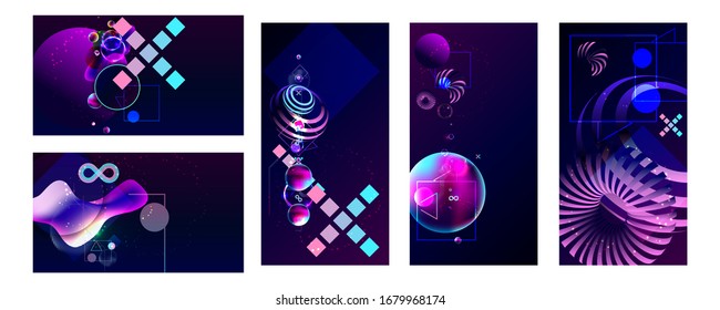 Set of banner style of cosmos universe stars galaxy dark blue 3d futuristic study trip. Background modern starry sky glowing abstraction planet neon