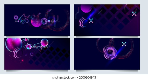 Set of banner style of cosmos universe stars galaxy dark blue 3d futuristic study trip. Background modern starry sky glowing abstraction planets