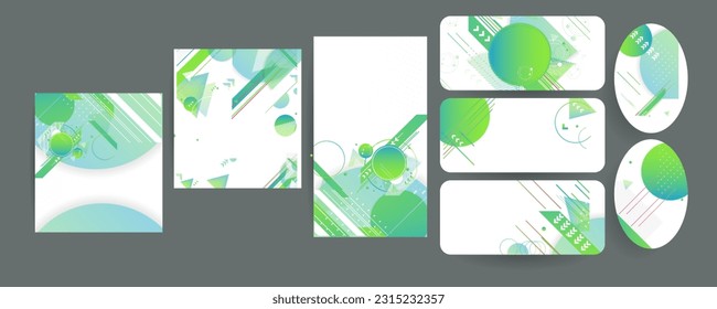 Set Banner summer ecology white background poster triangle vector futuristic light minimal geometric. Green and yellow lines and points