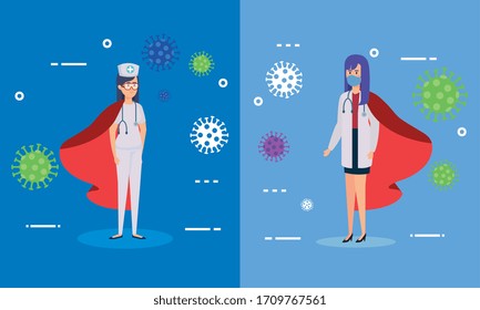 set banner with super doctor female and nurse with hero cloak vector illustration design