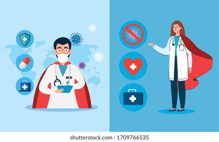 set banner of super doctor with hero cloak and medicine icons vector illustration design