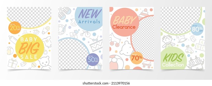 Set of banner template with baby icons for social media, kid clothes toy accessories, boy fashion store, girl outfits shop, sale discount promotion, ads card leaflet, online shop. vector illustration