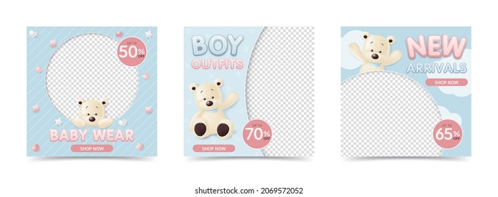 Set of banner template with cute bear for social media, baby store and kid shop, fashion, boy outfit, clothes and toy, advertising, sale discount promotion and online shop. vector illustration