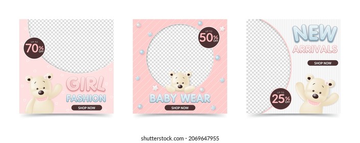 Set of banner template with cute bear for social media, baby store and kid shop, fashion, boy outfit, clothes and toy, advertising, sale discount promotion and online shop. vector illustration