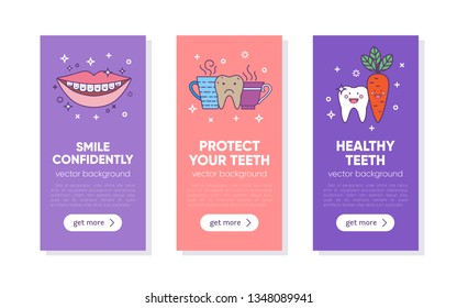 Set of banner template for dentistry with cute tooth and smile icons. Tooth emblem. Teeth cleaning. Dental care logo. Card, label, visit card design template. Children dentistry. Vector illustration