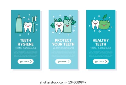 Set of banner template for dentistry with cute tooth icons. Tooth emblem. Teeth cleaning. Dental care logo. Card, label, visit card design template. Children dentistry. Vector with editable stroke.