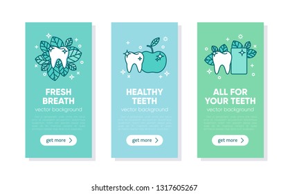 Set of banner template for dentistry. Tooth emblem. Teeth cleaning. Dental care logo. Card, label, visit card design template. Vector illustration