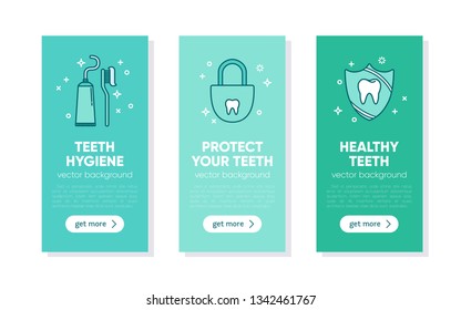 Set of banner template for dentistry. Tooth emblem. Teeth cleaning. Dental care logo. Card, label, visit card design template. Vector illustration