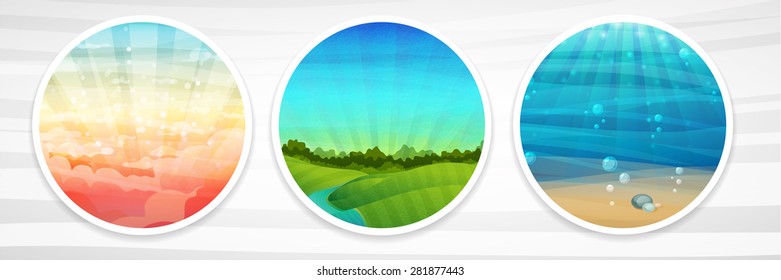Set of banner template design, posters. Landscape with the sky. The underwater landscape. Landscape with meadow and the river. Vector.