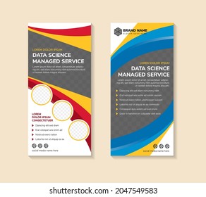 set of banner template design for promotion of data science managed service company. vertical layout with diagonal space for photo collage. blue, red and yellow elements in white background.