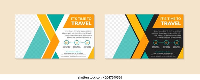 Set of banner template design for promotion of travel and tour company. horizontal layout with space for photo. yellow and light blue elements. black and white background.