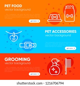 Set of banner template for pet shop, veterinary clinic, pet store, zoo, grooming salon. Card, flyer, poster for advertisement. Flat style design, vector illustration.