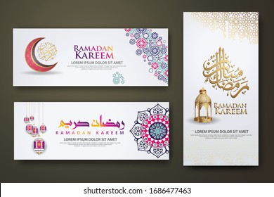 Plantilla de banner Ramadan Kareem, caligrafía mubarak, con luna creciente, linterna tradicional y colorido ornamental de fondo islámico mosaico