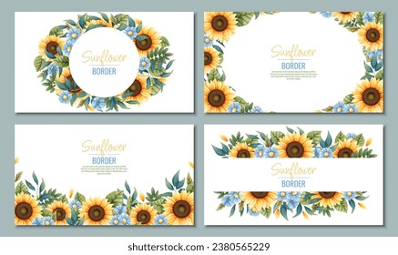 Set of Banner template with sunflowers, blue daisies. Frame, banner with autumn wildflowers. Background with botanical elements