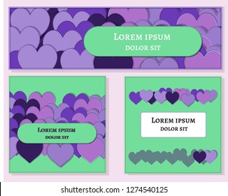 set banner Template with violet hearts. For media, print, flyer. decoration magazine, booklet, cover, poster design, web Green and violet. Vector Illustration