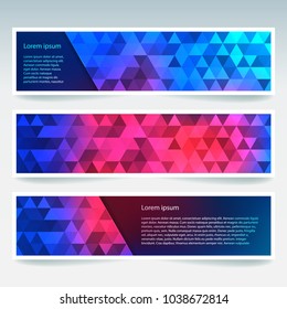 Set of banner templates with abstract background. Modern vector banners with polygonal background. Pink, blue, red colors.