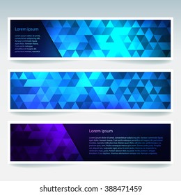 Set of banner templates with abstract background. Modern vector banners with polygonal background. Blue, purple colors. 