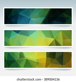 Set of banner templates with abstract background. Modern vector banners with polygonal background. Green, blue colors.