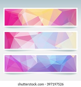 Set of banner templates with abstract background. Modern vector banners with polygonal background. Pink, yellow, violet, blue colors. 
