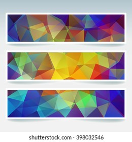 Set of banner templates with abstract background. Modern vector banners with polygonal background. Yellow, green, blue, purple colors