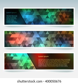 Set of banner templates with abstract background. Modern vector banners with polygonal background. Dark red, brown, blue, green colors. 