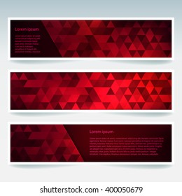 Set of banner templates with abstract background. Modern vector banners with polygonal background. Dark red, black colors. 