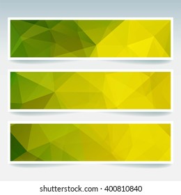 Set of banner templates with abstract background. Modern vector banners with polygonal background. Yellow, green colors. 