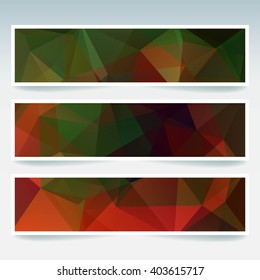 Set of banner templates with abstract background. Modern vector banners with polygonal background. Green, brown, red colors. 