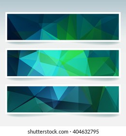 Set of banner templates with abstract background. Modern vector banners with polygonal background. Green, blue colors. 
