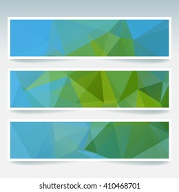 Set of banner templates with abstract background. Modern vector banners with polygonal background. Blue, green colors. 