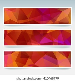 Set of banner templates with abstract background. Modern vector banners with polygonal background. Red, orange, pink colors. 
