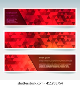 Set of banner templates with abstract background. Modern vector banners with triangle background. Red, orange colors. 